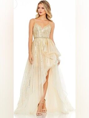 NWT Mac Duggal Hand Embellished Tulle High-Low Gown Gold Silver 4 70124 $798.00